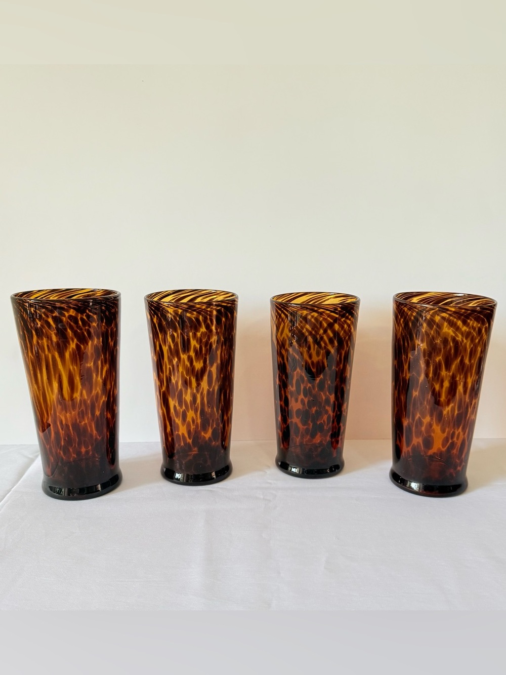Vintage Set Of 4 Amber Tortoise Shell Art Glass MCM Highball Tumblers Tall Retro